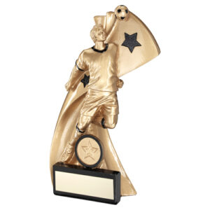 GOLD/BLACK MALE FOOTBALL HEADING FIGURE WITH PLATE (1in CENTRE) - 7.75in