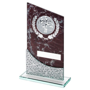 BROWN MARBLE PRINTED GLASS PLAQUE WITH FOOTBALL INSERT AND PLATE - 7.5in