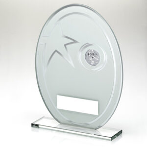 WHITE/SILVER PRINTED GLASS OVAL WITH FOOTBALL INSERT AND PLATE - 6.5in