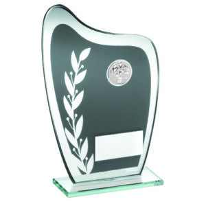 GREY/SILVER GLASS PLAQUE WITH FOOTBALL INSERT AND PLATE - 8in
