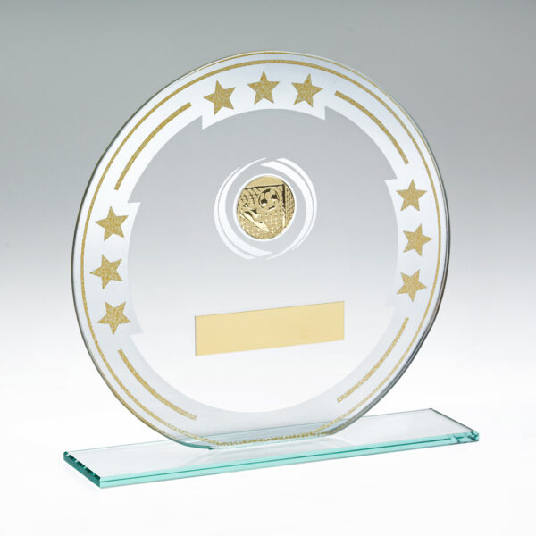 JADE/SILVER/GOLD ROUND GLASS WITH FOOTBALL INSERT AND PLATE - 6.25in