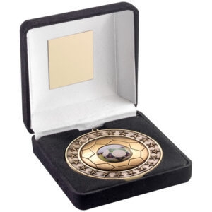 BLACK VELVET BOX AND 70mm FOOTBALL MEDAL TROPHY (1in CENTRE) ANT GOLD - 4in
