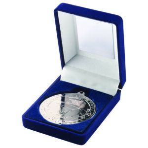BLUE VELVET BOX AND 50mm MEDAL FOOTBALL TROPHY SILVER - 3.5in