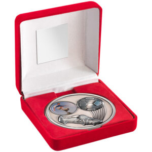 RED VELVET BOX AND 70mm MEDALLION FOOTBALL TROPHY (1" CEN) ANTIQUE SILV - 4in