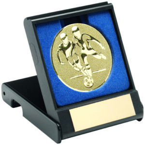 BLACK PLASTIC BOX WITH FOOTBALL PLAYERS INSERT GOLD - 3.5in