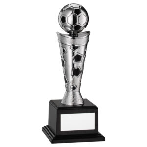 SILVER/BLACK PLASTIC FOOTBALL FIGURE ON BASE - 8.5in