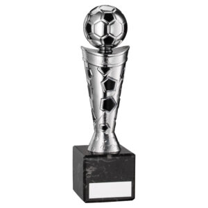 SILVER/BLACK PLASTIC FOOTBALL FIGURE ON BLACK MARBLE TROPHY - 7.25in