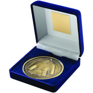 BLUE VELVET BOX AND 70mm MEDALLION MARTIAL ARTS TROPHY ANTIQUE GOLD - 4in