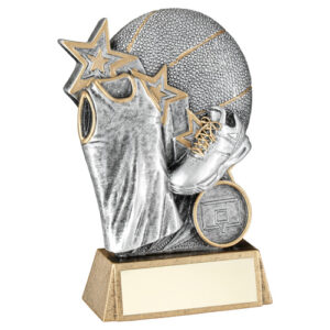 PEW/GOLD BASKETBALL WITH SHOE/SHIRT ON BRZ BASE WITH PLATE (1in CEN) - 7.25"
