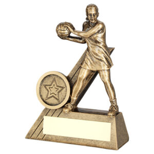 BRZ/GOLD FEMALE NETBALL MINI FIGURE WITH PLATE (1in CENTRE) - 4in
