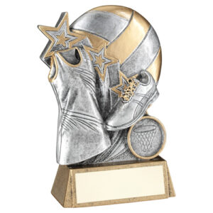 PEW/GOLD NETBALL WITH SHOE AND DRESS ON BRZ BASE WITH PLATE (1in CEN) - 7.25"