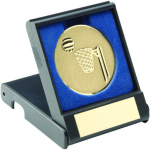 BLACK PLASTIC BOX WITH NETBALL INSERT TROPHY GOLD - 3.5in