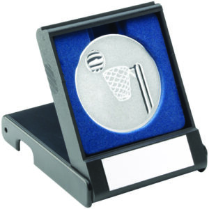 BLACK PLASTIC BOX WITH NETBALL INSERT TROPHY SILVER - 3.5in