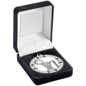 BLACK VELVET MEDAL BOX AND 50mm MEDAL NETBALL TROPHY SILVER - 3.5in