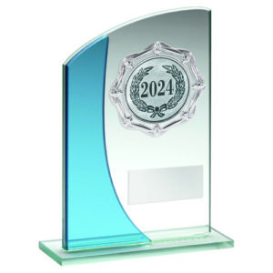 JADE/BLUE GLASS PLAQUE WITH SILVER TRIM TROPHY (1in CENTRE) - 5.25in