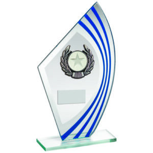 JADE/BLUE/SILVER SAIL GLASS WITH SILV/BLK WREATH TRIM TROPHY (1in CEN) - 9.5in