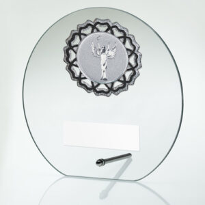 JADE GLASS ROUND PLAQUE WITH SILV/BLK TRIM TROPHY (2in CENTRE) - 5.75in