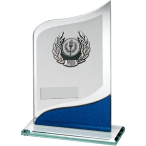 JADE/BLUE/SILVER POINTED GLASS WITH SILVER/BLK TRIM TROPHY (1in CENTRE) - 8in