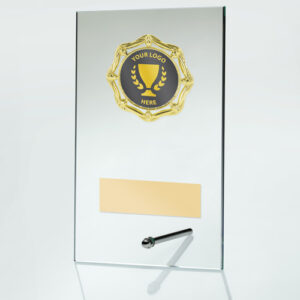 JADE GLASS RECTANGLE PLAQUE WITH GOLD TRIM TROPHY (2in CENTRE) - 6.25in