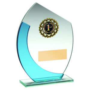 JADE/BLUE GLASS WITH GOLD TRIM TROPHY (1in CENTRE) - 7in
