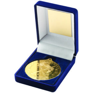 BLUE VELVET BOX AND 50mm MEDAL HOCKEY TROPHY SILVER - 3.5in