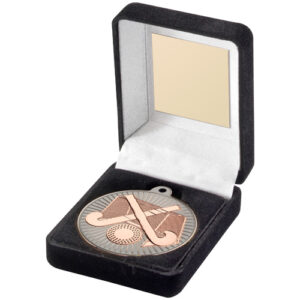 RED VELVET BOX AND 60mm MEDAL HOCKEY TROPHY ANTIQUE GOLD - 4in