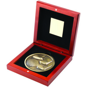 ROSEWOOD BOX AND 70mm MEDALLION GOLF TROPHY ANTIQUE GOLD - 4.5in