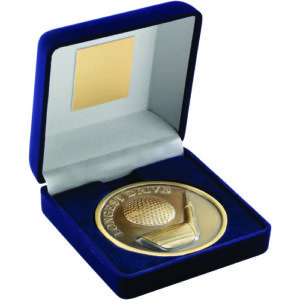 BLUE VELVET BOX AND 70mm MEDALLION GOLF TROPHY ANTIQUE GOLD LONGEST DRIVE - 4"