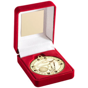 RED VELVET BOX AND 50mm MEDAL GOLF TROPHY GOLD - 3.5in