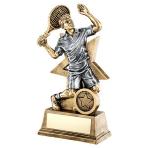 BRZ/GOLD/PEW MALE TENNIS FIGURE WITH STAR BACKING WITH PLATE (1in CENTRE) - 6in