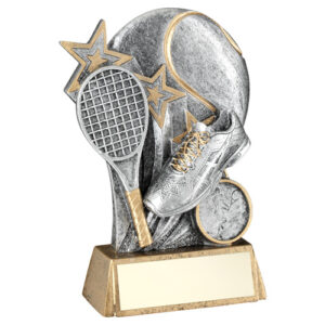 PEW/GOLD TENNIS BALL WITH RACKET ON BRZ BASE WITH PLATE (1in CEN) - 5.25in