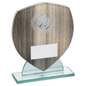 WOOD EFFECT GLASS SHIELD WITH TENNIS INSERT AND PLATE - 5.25in