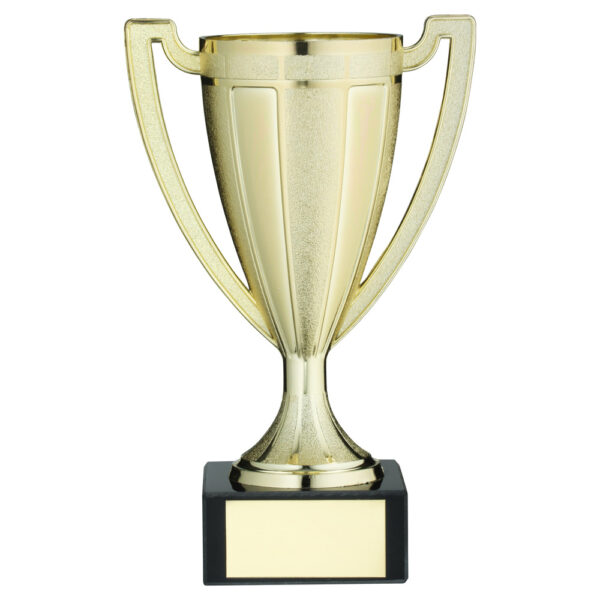GOLD PLASTIC STIPPLED TROPHY CUP WITH PLATE - 8.75in