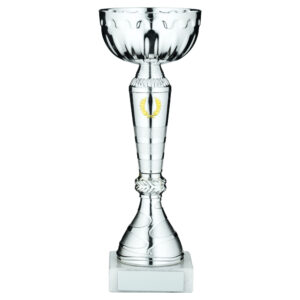 SILVER TROPHY CUP WITH GOLD WREATH AND PLATE - 9.5in