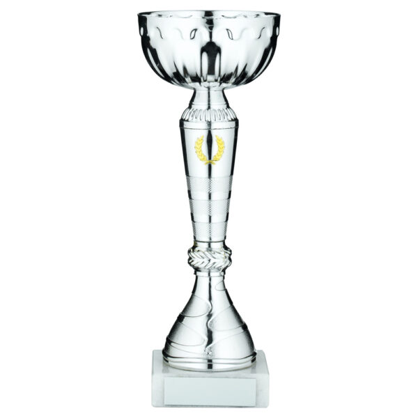 SILVER TROPHY CUP WITH GOLD WREATH AND PLATE - 10.25in