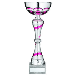 SILVER/PINK TROPHY CUP WITH PLATE - 13.75in