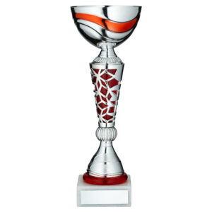 SILVER/RED TROPHY CUP WITH PLATE - 16.5in