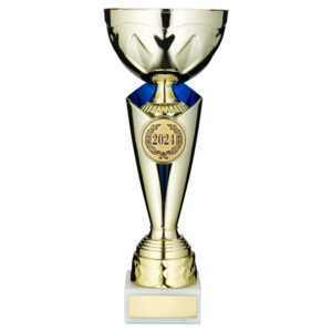 GOLD/BLUE TROPHY CUP WITH PLATE (2in CENTRE) - 13.5in