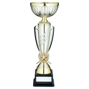 GOLD/MATT SILVER 3 STRIPE TROPHY CUP WITH PLATE (2in CENTRE) - 15.75in