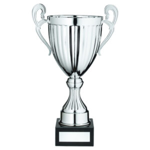SILVER CONICAL TROPHY CUP WITH HANDLES AND PLATE - 16in