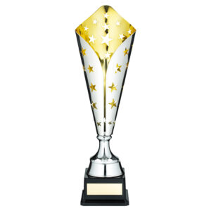 SILVER/GOLD METAL STAR TROPHY CUP WITH PLATE - 17.5in