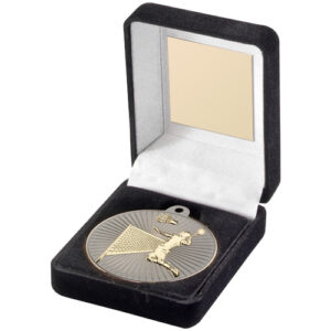 RED VELVET BOX AND 50mm BADMINTON MEDAL TROPHY MATT SILVER/GOLD - 3.5in