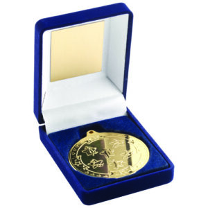BLUE VELVET MEDAL BOX AND 50mm MEDAL MULTI ATHLETICS TROPHY GOLD - 3.5in