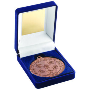BLUE VELVET MEDAL BOX AND 50mm MEDAL MULTI ATHLETICS TROPHY BRONZE - 3.5in
