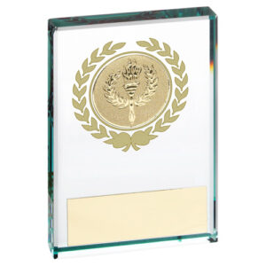JADE GLASS BLOCK WITH GOLD WREATH 12mm THICK WITH PLATE (1in CENTRE) - 2 x 3in