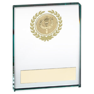 JADE GLASS BLOCK WITH GOLD WREATH 12mm THICK WITH PLATE (1in CENTRE) - 3 x 4in