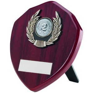 ROSEWOOD SHIELD AND SILVER TRIM ASSEMBLED TROPHY (1in CENTRE) - 5in