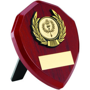 ROSEWOOD SHIELD AND GOLD TRIM ASSEMBLED TROPHY (1in CENTRE) - 4in