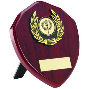 ROSEWOOD SHIELD AND GOLD TRIM ASSEMBLED TROPHY (1in CENTRE) - 5in