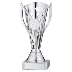 SILVER/BLUE PLASTIC 'FLASH' CUP ASSEMBLED ON MARBLE (1in CEN) - 7in